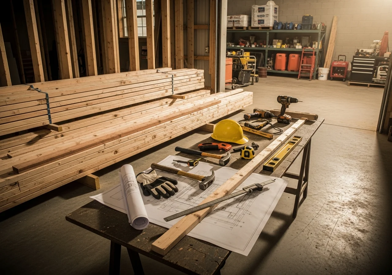 Construction crew and tools on a residential remodeling job site, showcasing hands-on craftsmanship and project readiness.