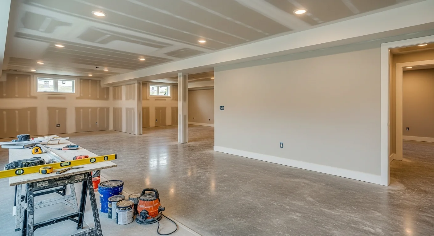 Finished basement with drywall, flooring, and recessed lighting
