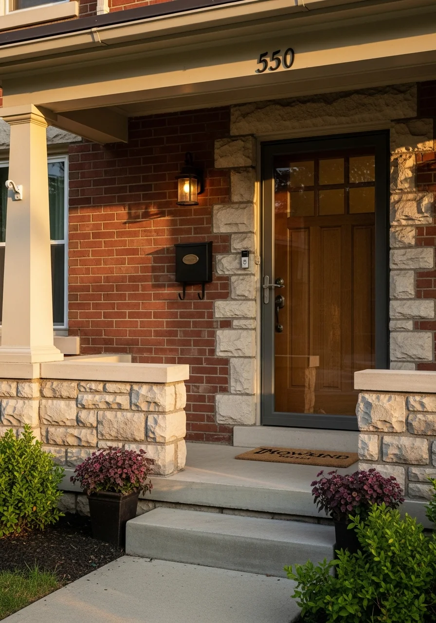 Close-up of a Cincinnati residential property entrance with period architectural details and landscaping.