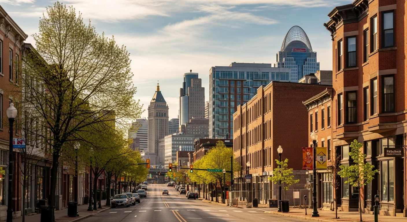 Cincinnati skyline with urban residential buildings and street-level storefronts in the downtown core.