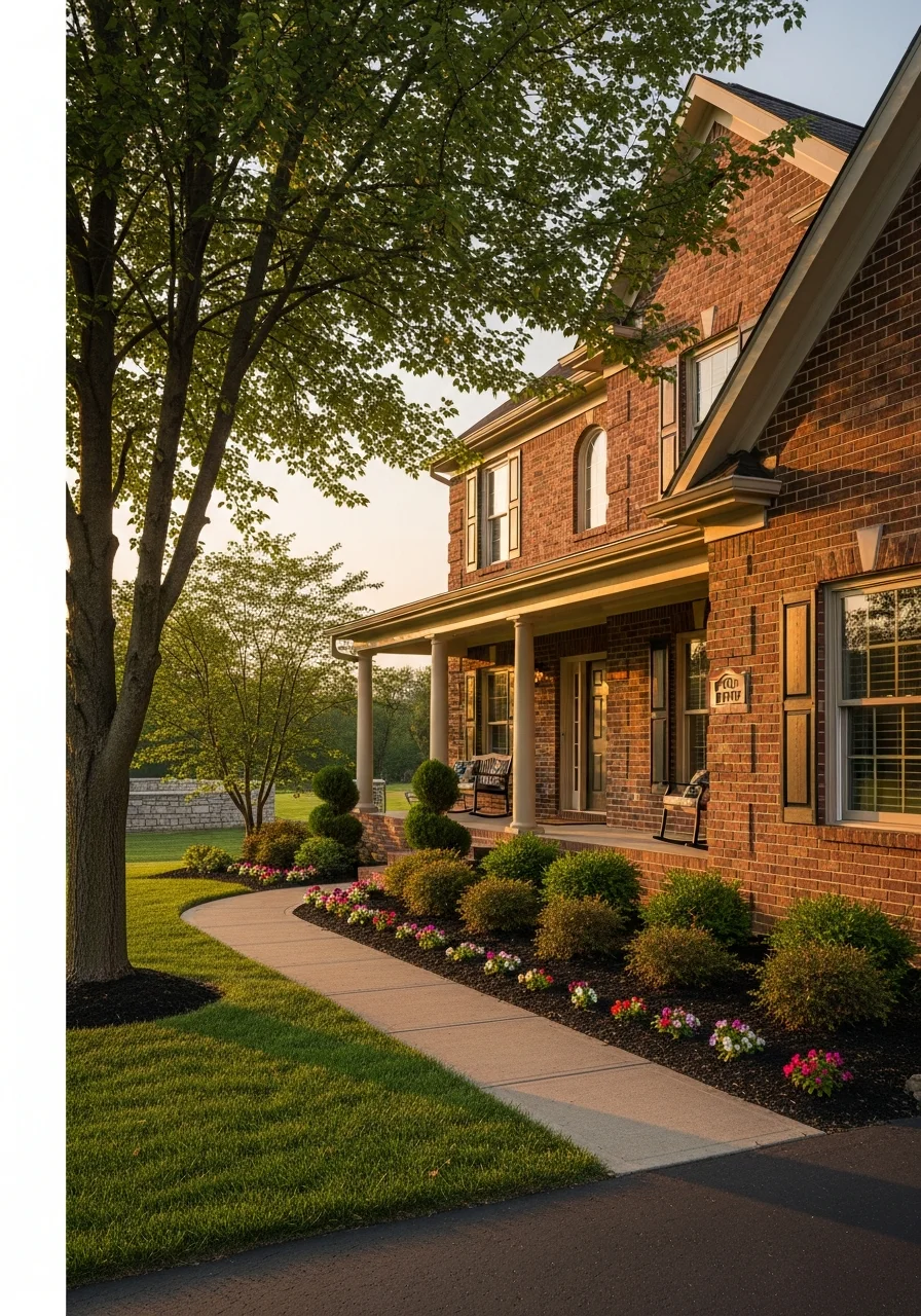 Close-up of an Indiana home exterior with traditional architectural style and natural surroundings.