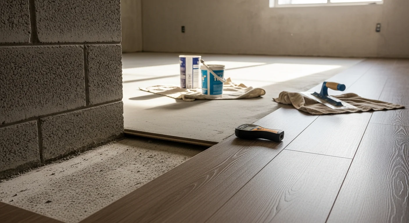 Finished basement in a Cincinnati home with newly installed moisture-resistant flooring, smooth concrete subfloor visible at the edge, and clean neutral tones throughout the below-grade living space. The room is set up as a functional living area with even, flat flooring extending wall to wall.