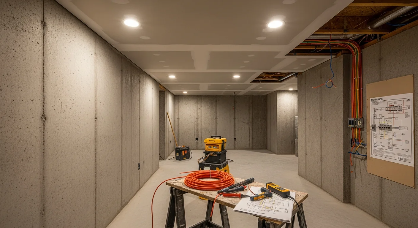 Finished Cincinnati basement with recessed ceiling lights illuminating a family room and home office area. Even overhead lighting covers the full floor plan with no dark corners near the concrete block walls.