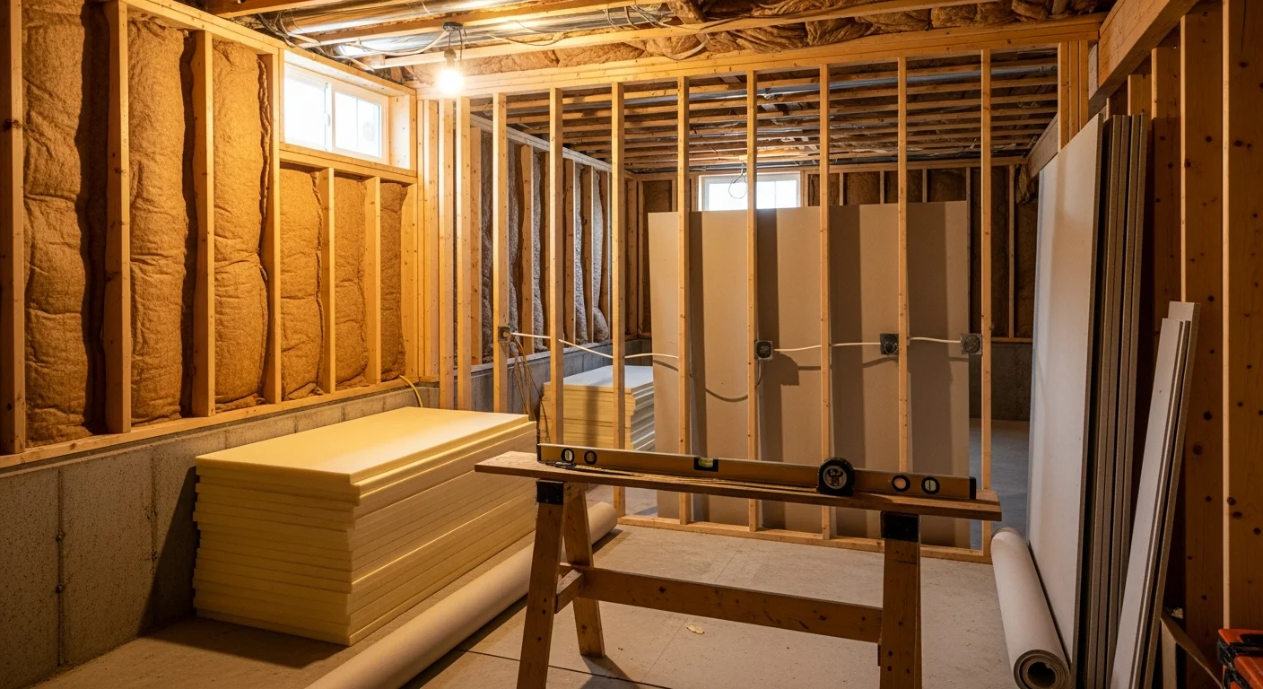 A finished basement in a Cincinnati home featuring recessed lighting, drywall walls, and durable flooring installed by Sevin Interiors. The open layout shows a functional living area converted from an unfinished concrete space.