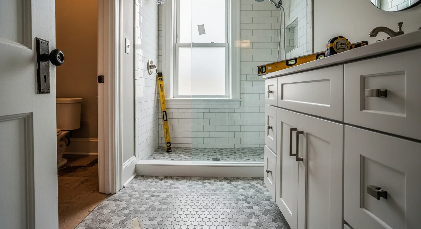 A remodeled bathroom in a Cincinnati home featuring new floor tile, a white vanity with a stone countertop, and a tiled walk-in shower with a glass door. The space reflects a clean, practical renovation suited to an older Cincinnati residential property.
