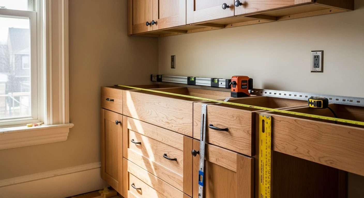 Newly installed custom wood cabinets in a Cincinnati kitchen, with upper and lower cabinet runs fitted flush against walls and open to a clean countertop workspace. The installation shows tight scribe lines at the wall edges and level cabinet faces throughout the run.