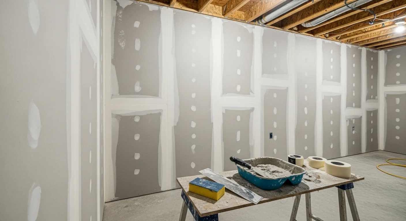 Freshly installed and finished drywall on the walls and ceiling of a Cincinnati basement, showing smooth, paint-ready surfaces in a newly framed below-grade living space.