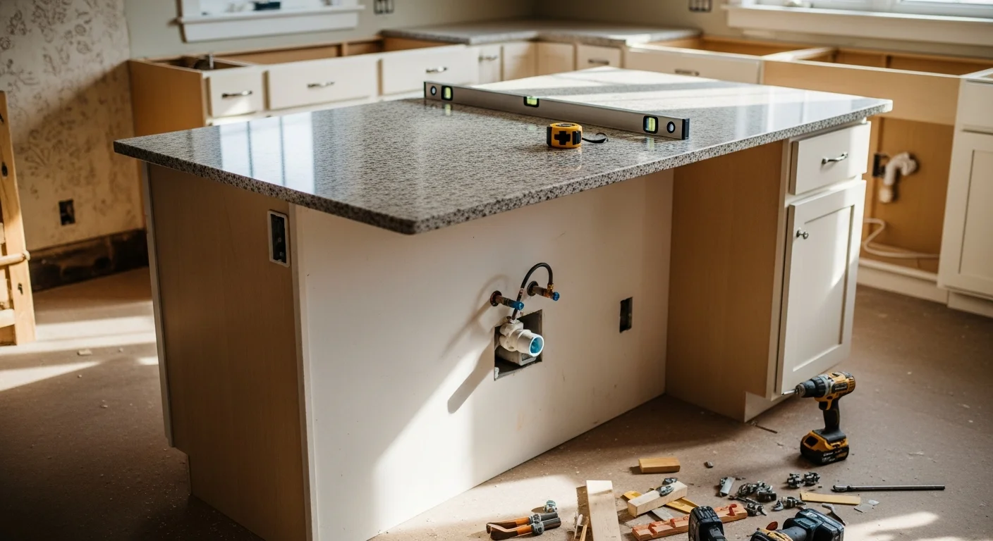 A newly installed custom kitchen island in a Cincinnati home, featuring built-in cabinetry, a stone countertop surface, and bar seating on one side. The island sits centered in an open-concept kitchen with coordinating perimeter cabinets and natural light from a nearby window.