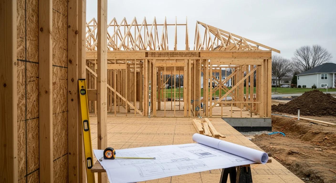 A newly framed single-family home under construction on a residential lot in Cincinnati, Ohio, with exposed wall framing and roof trusses visible against a clear sky. A general contractor reviews structural plans at the job site in the foreground.