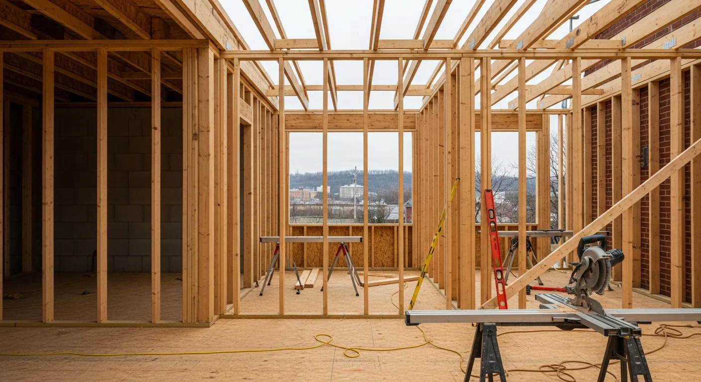 A newly constructed residential home in Cincinnati with a clean exterior finish, visible framing details, and a graded lot ready for landscaping. A general contractor reviews plans on-site during the active construction phase.